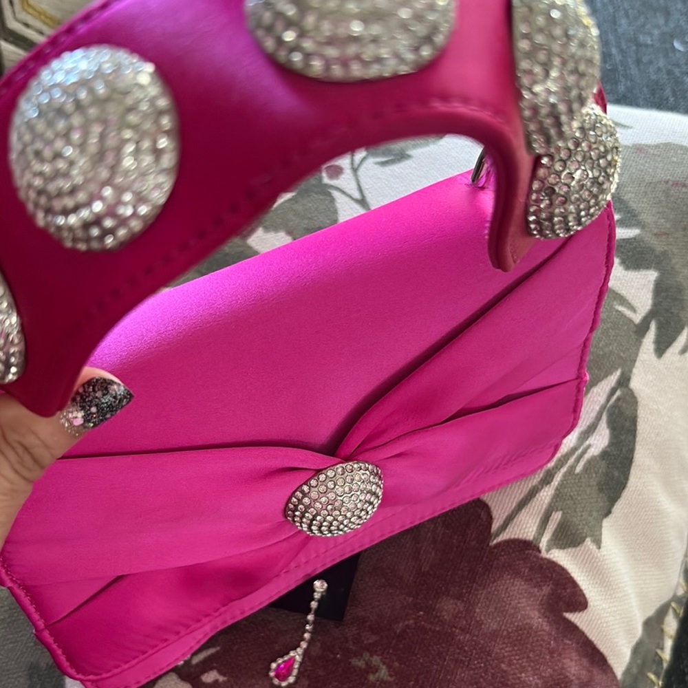 Elegant Pink mini Betsy J Women's Bag with Rhinestone Accents. Free earrings